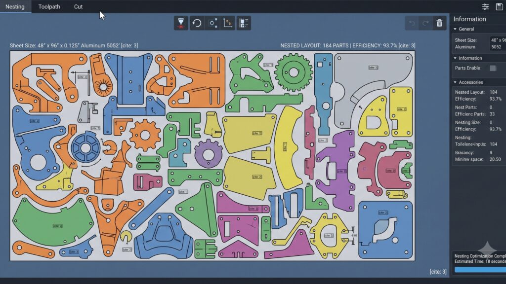 Optimized CAD nesting layout packing multiple custom sheet metal parts onto a single raw sheet